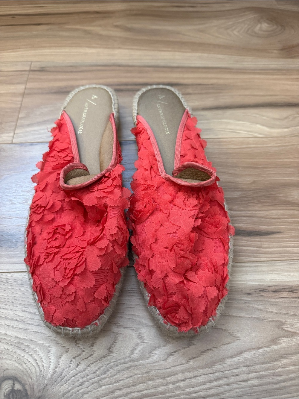 Anthropologie Coral Red Floral Espadrille Slip-On Mules